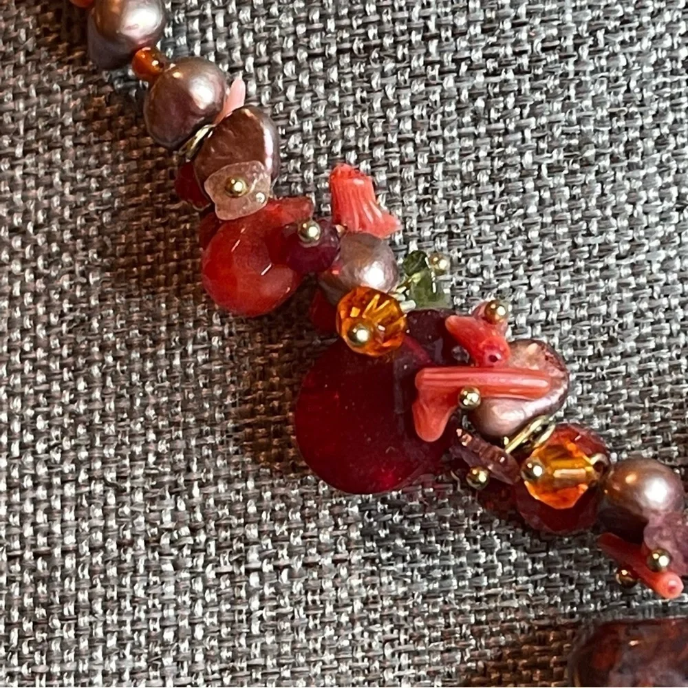 Handmade Red Agate, Coral, Freshwater Pearls, Amethyst &‎ Glass Beaded Necklace